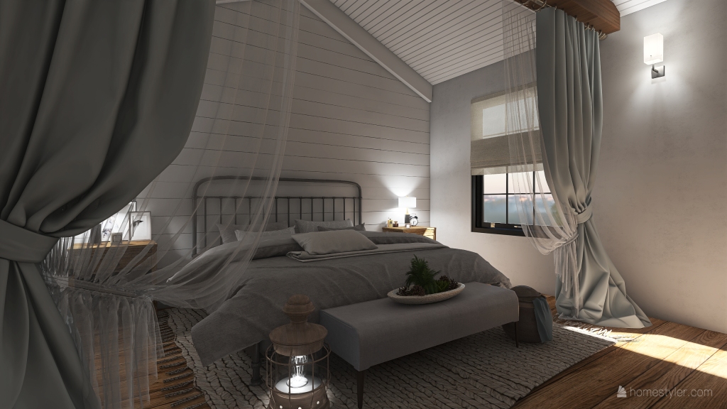 Farmhouse Bohemian Grey Green Blue WoodTones Bedroom 3d design renderings