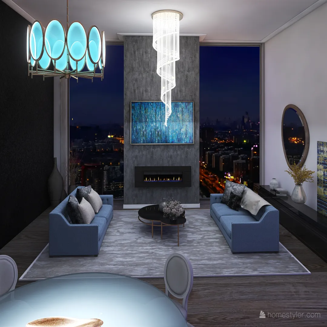 Blue living room 3d design renderings