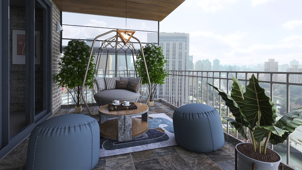 Industrial Grey Red Beige Balcony 3d design renderings