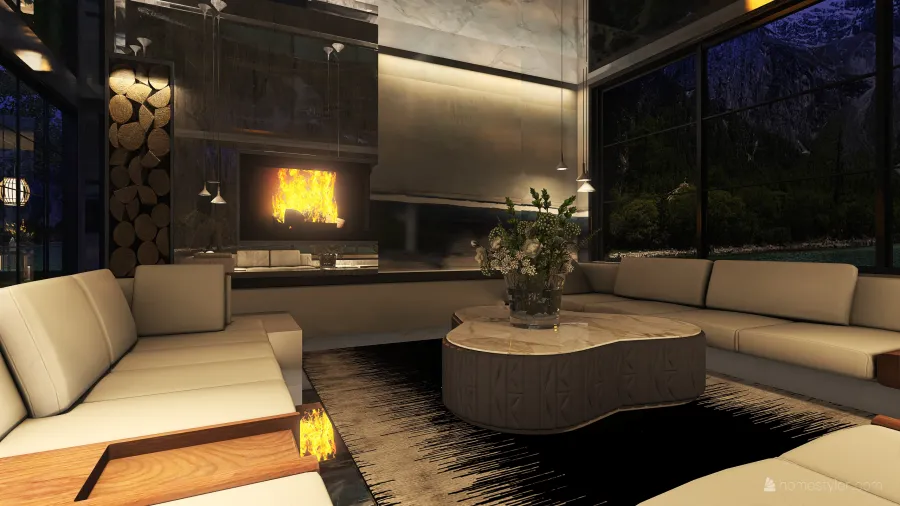 Asian WabiSabi Grey Beige Reflective lounge 3d design renderings