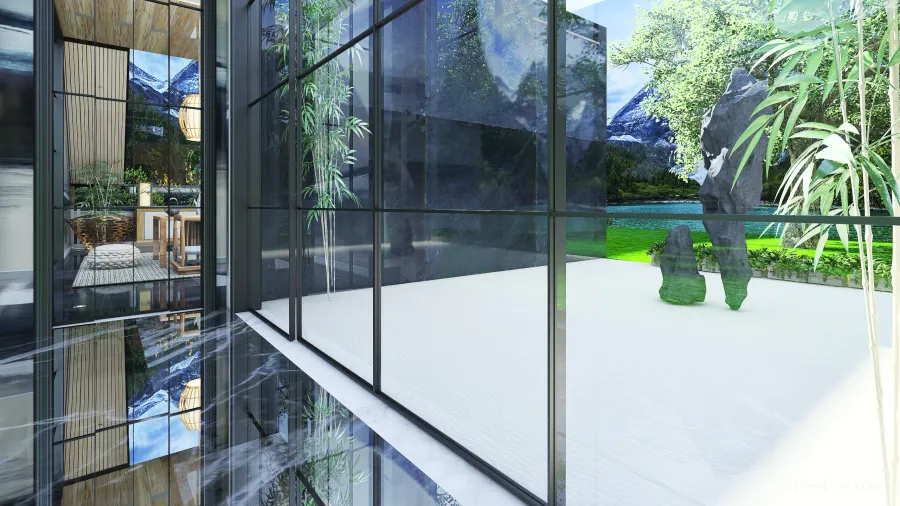 Asian WabiSabi Grey Beige Reflective lounge 3d design renderings