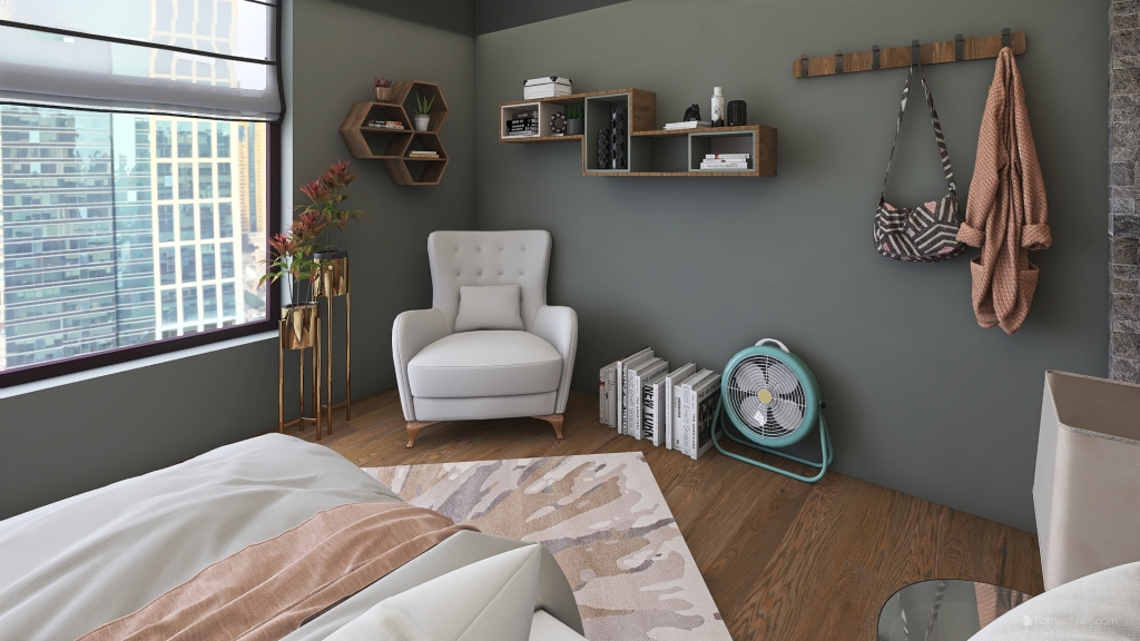 Industrial Grey Red Beige Master Bedroom 3d design renderings