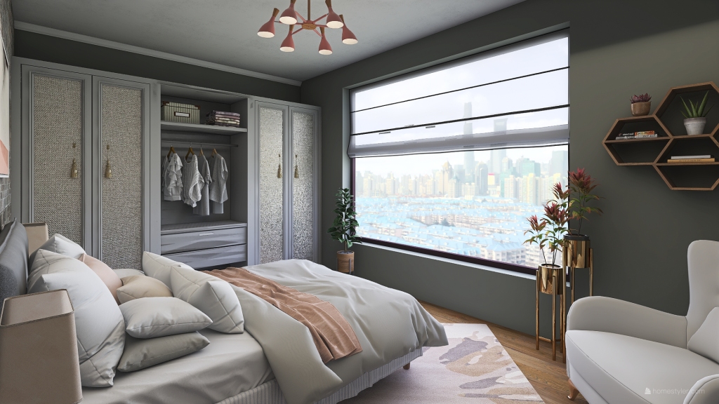 Industrial Grey Red Beige Master Bedroom 3d design renderings