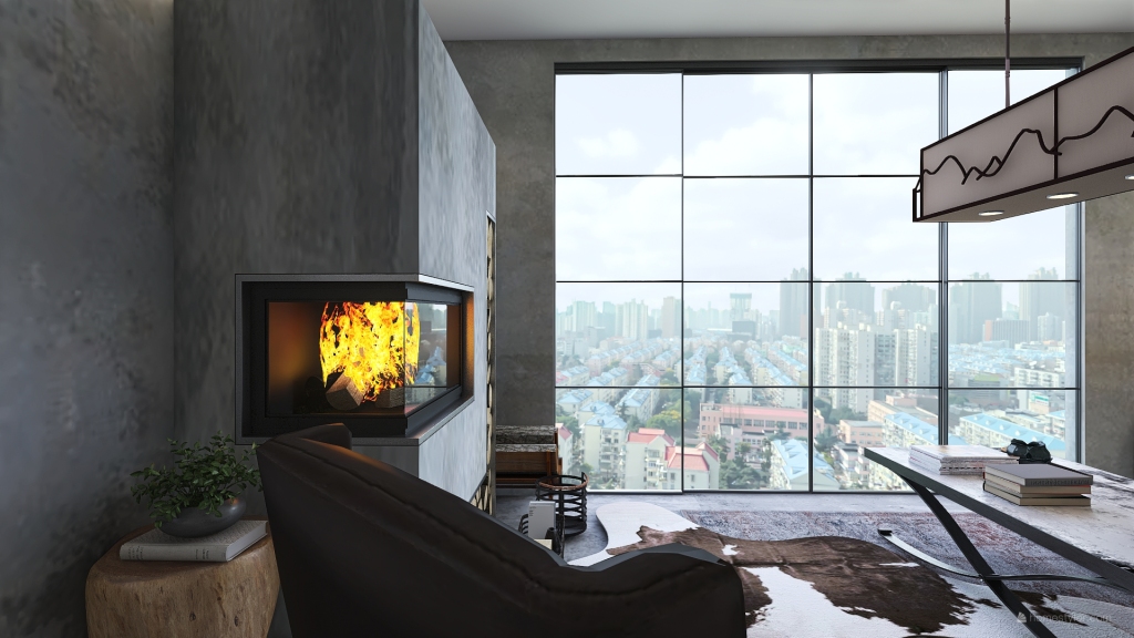 Industrial WabiSabi Grey Black Living and Dining Room 3d design renderings