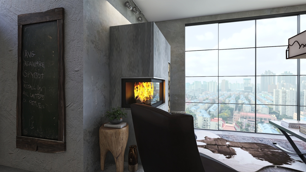 Industrial WabiSabi Grey Black Living and Dining Room 3d design renderings