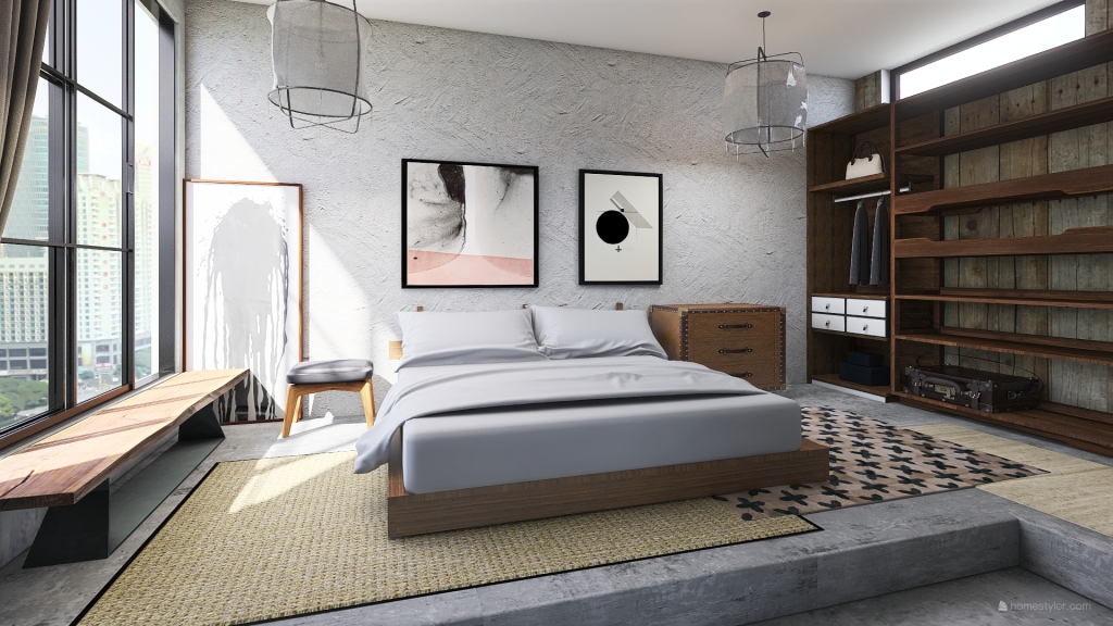Industrial WabiSabi Grey Black Bedroom 3d design renderings