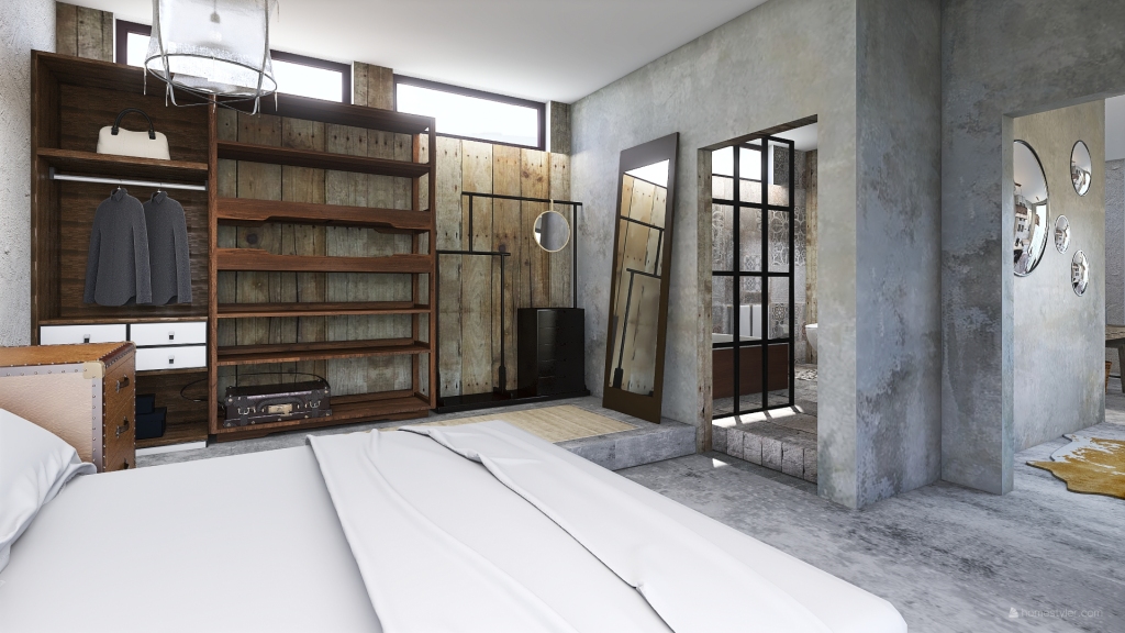 Industrial WabiSabi Grey Black Bedroom 3d design renderings