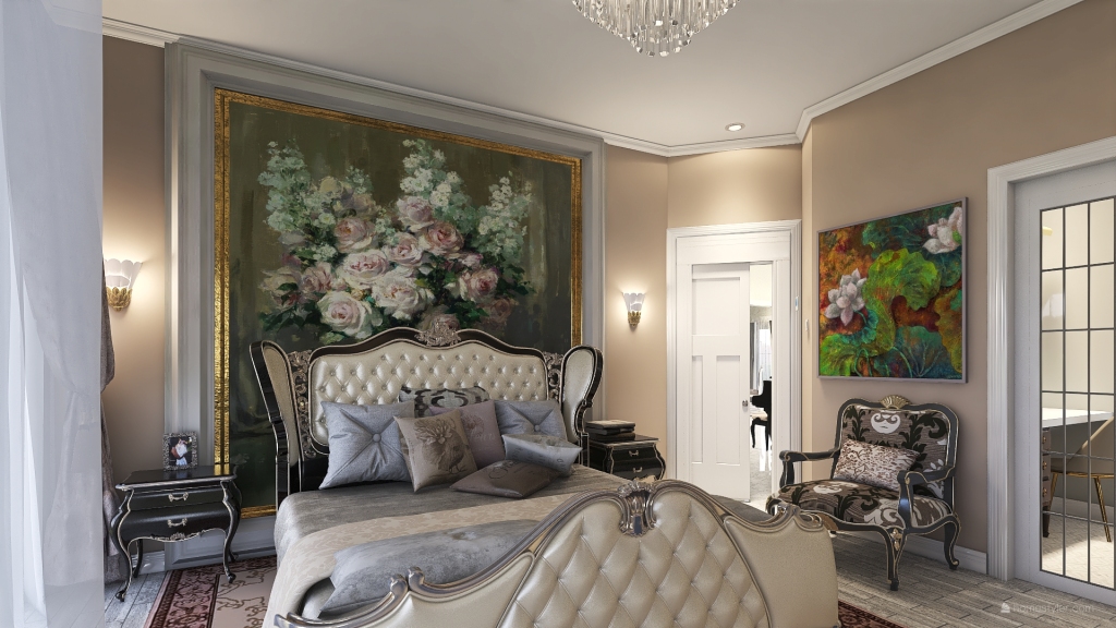 ArtDeco Contemporary Traditional Farmhouse Grey Beige Master Bedroom 3d design renderings