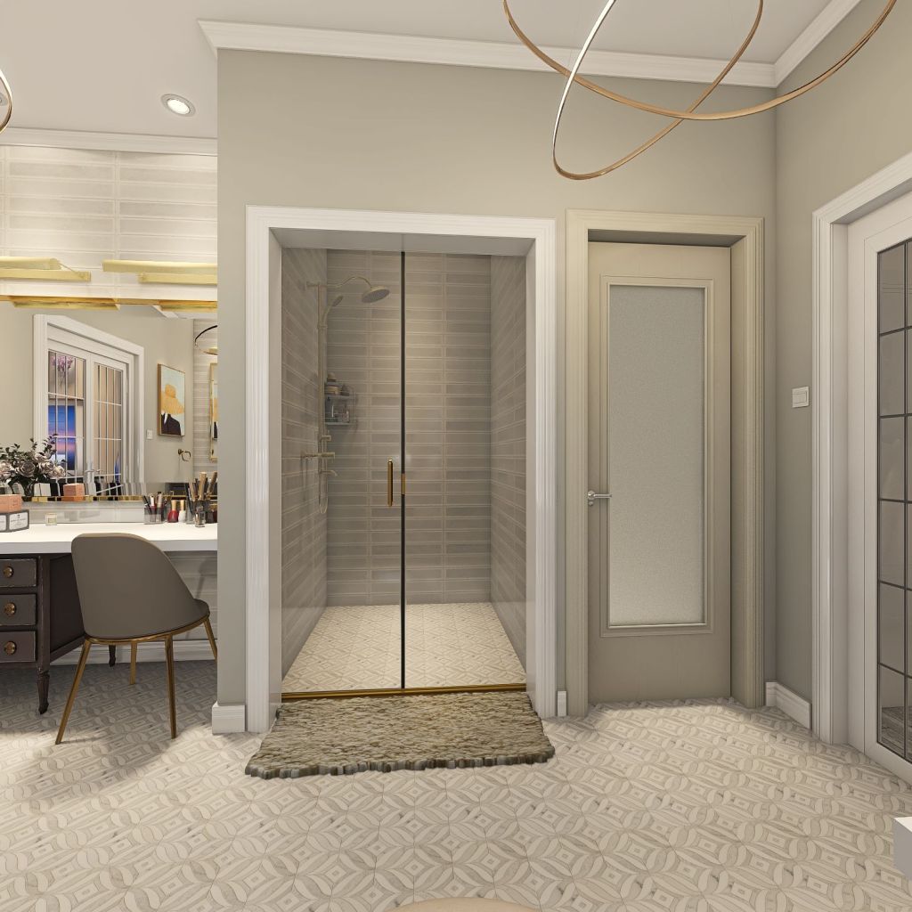 ArtDeco Contemporary Traditional Farmhouse Grey Beige Master Bathroom 3d design renderings