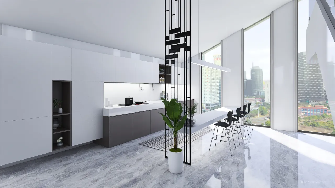 modern living, office, and kitchen space 3d design renderings
