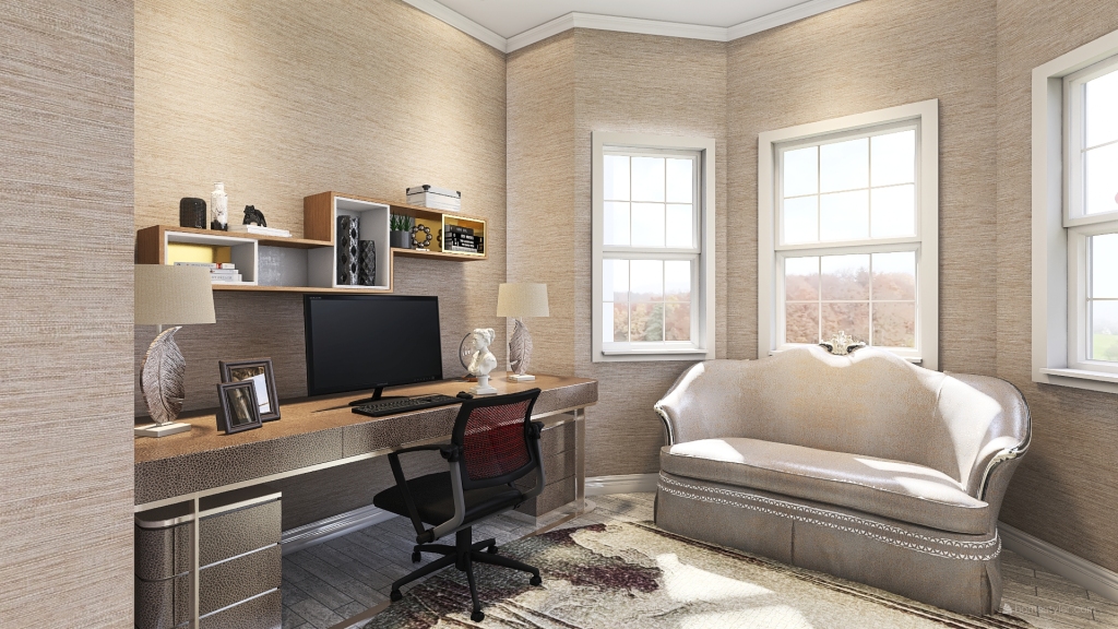 ArtDeco Contemporary Traditional Farmhouse Grey Beige Office 3d design renderings