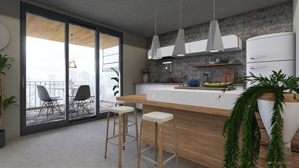 Industrial Grey Red Beige Living and Dining Room 3d design renderings