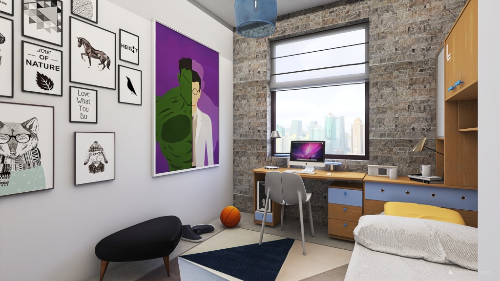 Industrial Grey Red Beige Second Bedroom 3d design renderings