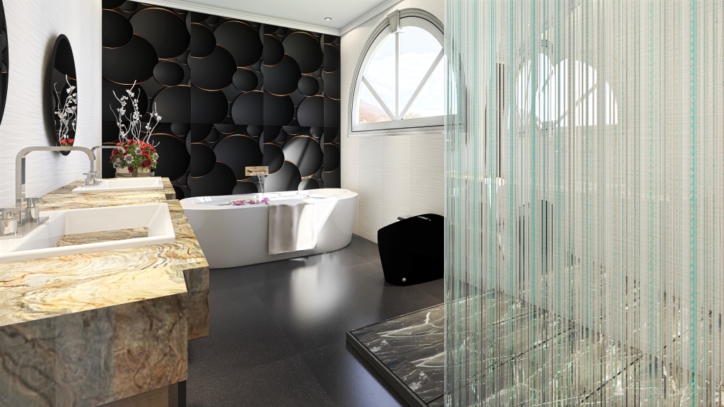 ArtDeco Industrial TropicalTheme Yellow Grey Master Bathroom 3d design renderings
