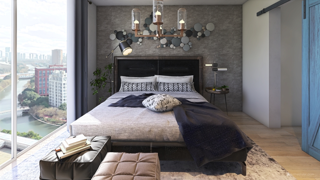 Rustic Industrial Modern Blue Grey Bedroom 3d design renderings