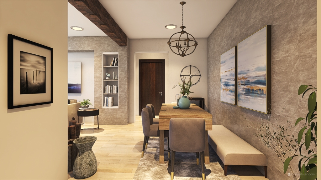 Rustic Industrial Modern Blue Grey Living and Dining Room 3d design renderings