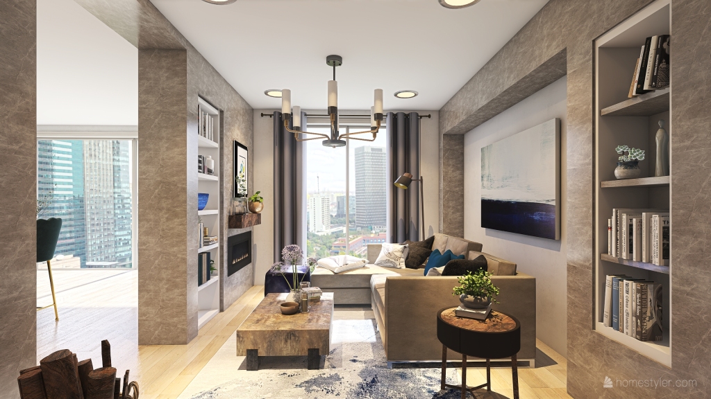 Rustic Industrial Modern Blue Grey Living and Dining Room 3d design renderings