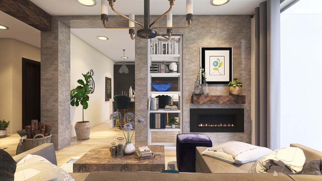 Rustic Industrial Modern Blue Grey Living and Dining Room 3d design renderings