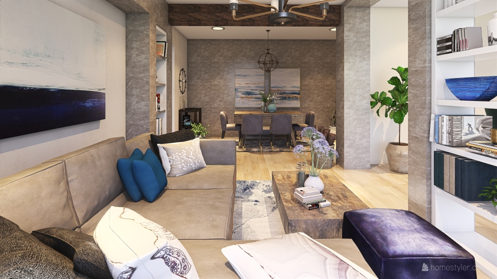 Rustic Industrial Modern Blue Grey Living and Dining Room 3d design renderings