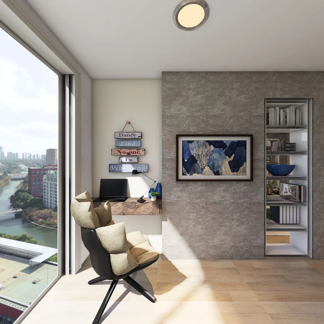 Rustic Industrial Modern #HSDA2020Residential Rustic/Industrial/modern apartment Blue Grey 3d design renderings
