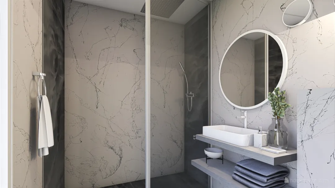 Baño revestimiento en resina con ducha en gris plomo 3d design renderings