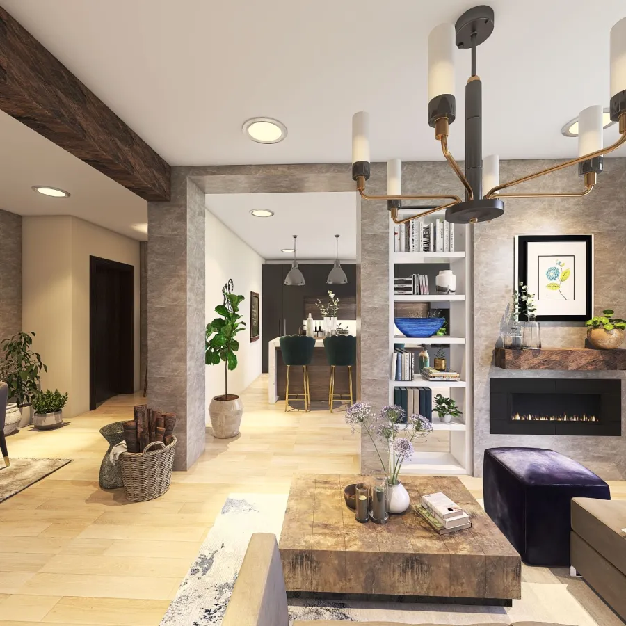 Rustic Industrial Modern Blue Grey Living and Dining Room 3d design renderings