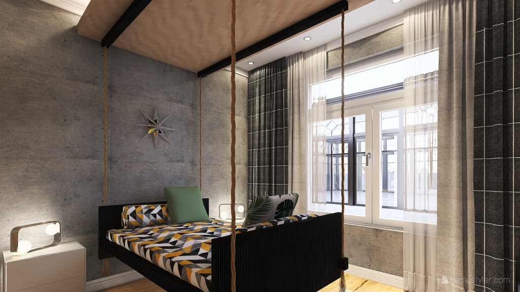 ArtDeco Industrial TropicalTheme Yellow Grey Bedroom 3d design renderings