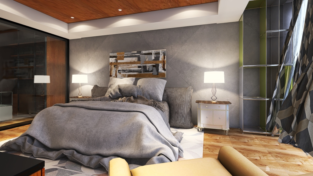 ArtDeco Industrial TropicalTheme Yellow Grey Master Bedroom 3d design renderings
