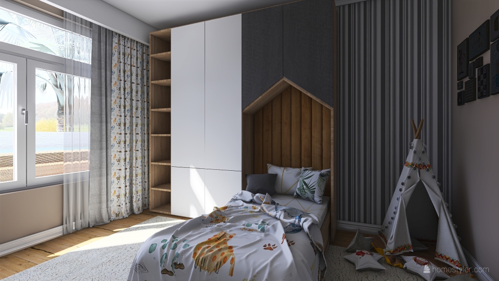 ArtDeco Industrial TropicalTheme Yellow Grey Second Bedroom 3d design renderings
