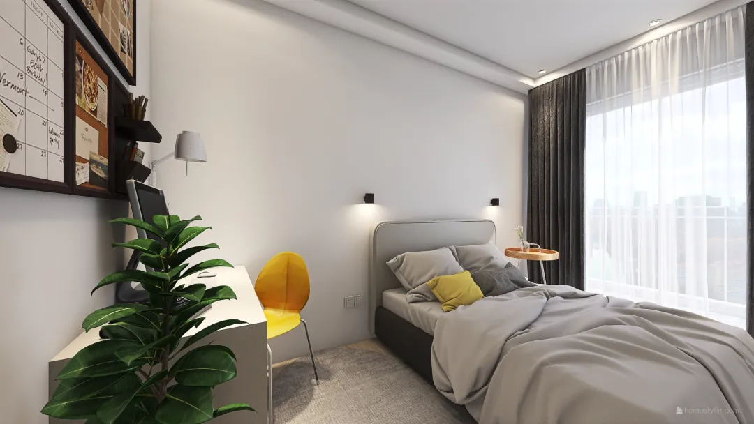 Bedroom in yellow-gray tones 3d design renderings