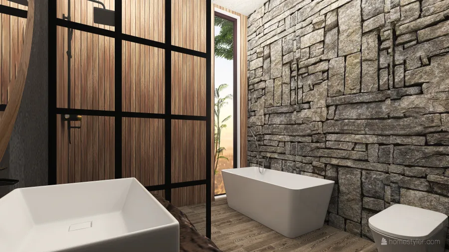 Rustic Industrial White Black Beige WoodTones Master Bathroom 3d design renderings