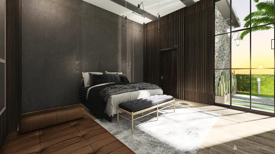 Rustic Industrial White Black Beige WoodTones Master Bedroom 3d design renderings