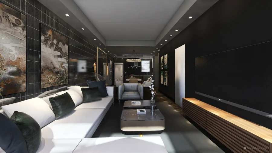 ArtDeco Bauhaus Black Grey Open plan Living / Kitchen 3d design renderings