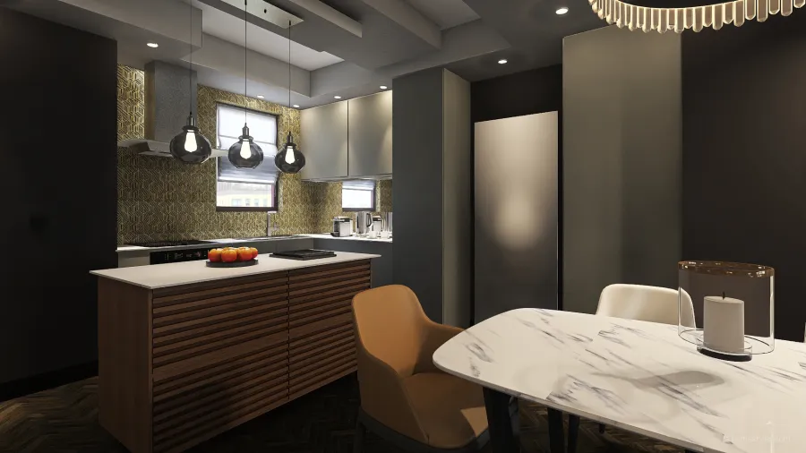 ArtDeco Bauhaus Black Grey Open plan Living / Kitchen 3d design renderings