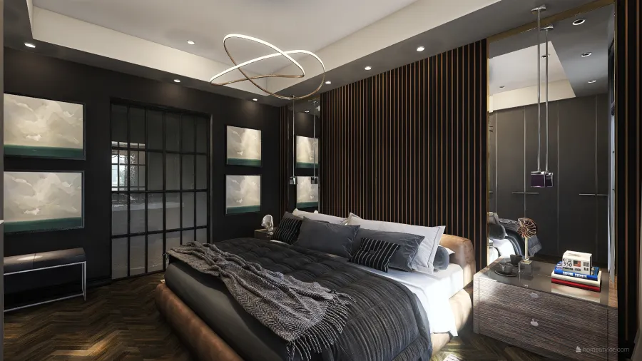 ArtDeco Bauhaus Black Grey Master Bedroom 3d design renderings