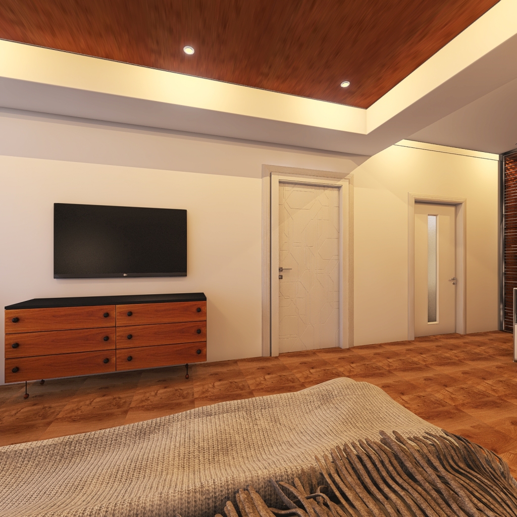 ArtDeco Industrial TropicalTheme Yellow Grey Master Bedroom 3d design renderings