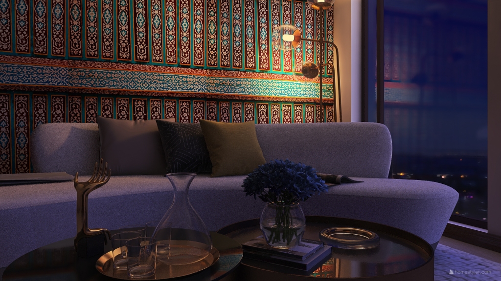 ArtDeco Bohemian Mediterranean WoodTones Blue Beige Bedroom 3d design renderings