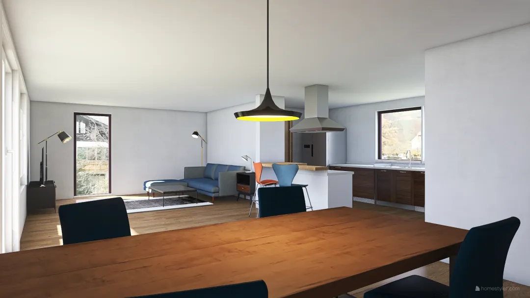 Aakjær 2 kun stue og køkken væg med bad 3d design renderings