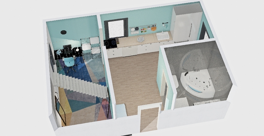 blue small house Interior Design Render