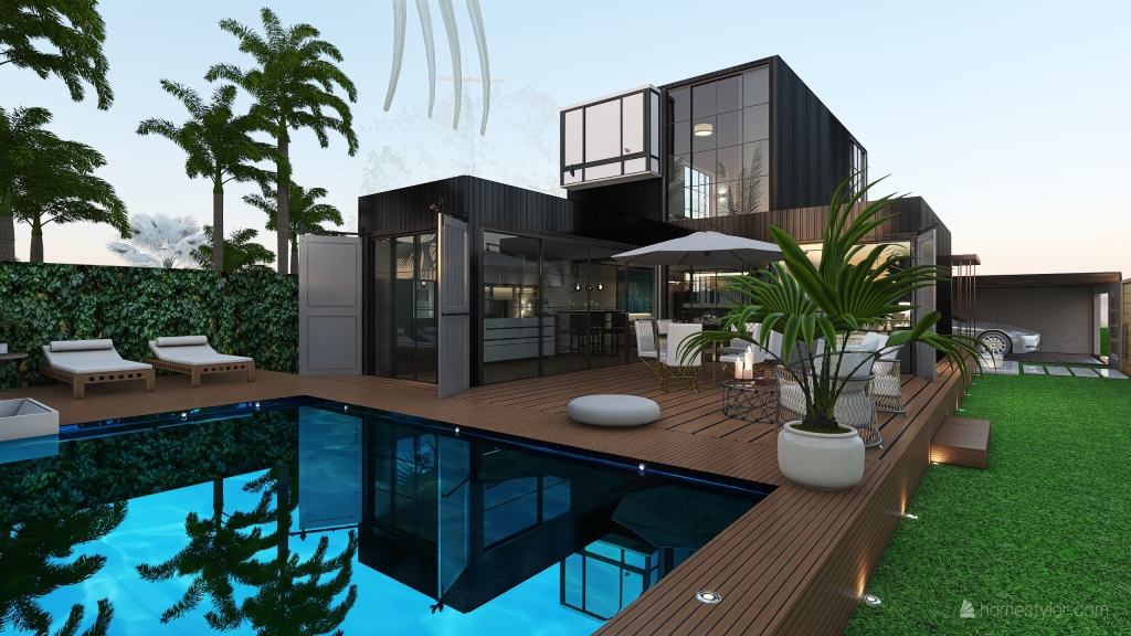 Modern ArtDeco TropicalTheme #HSDA2020Residential  Container House tropical garden  Black WoodTones 3d design renderings