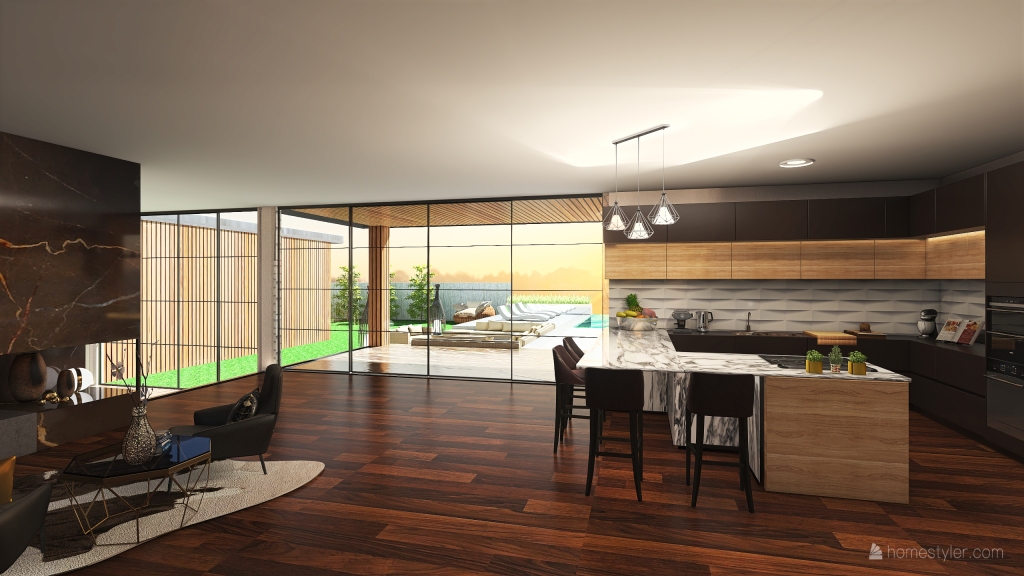 Contemporary ColdTones Living and Dining Room 3d design renderings