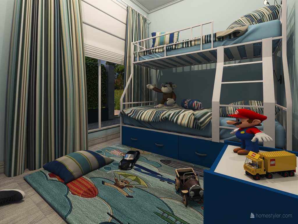 Contemporary Blue White Second Bedroom 3d design renderings