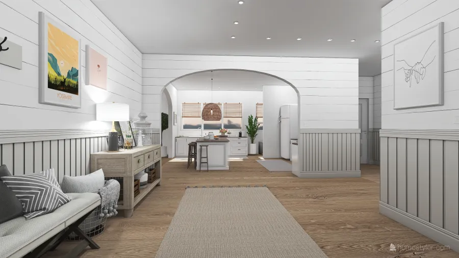 Rustic Farmhouse Scandinavian White WoodTones Grey Hallway 3d design renderings
