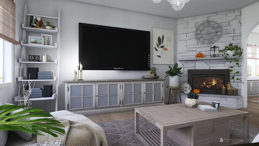 Rustic Farmhouse Scandinavian White WoodTones Grey Living Room 3d design renderings