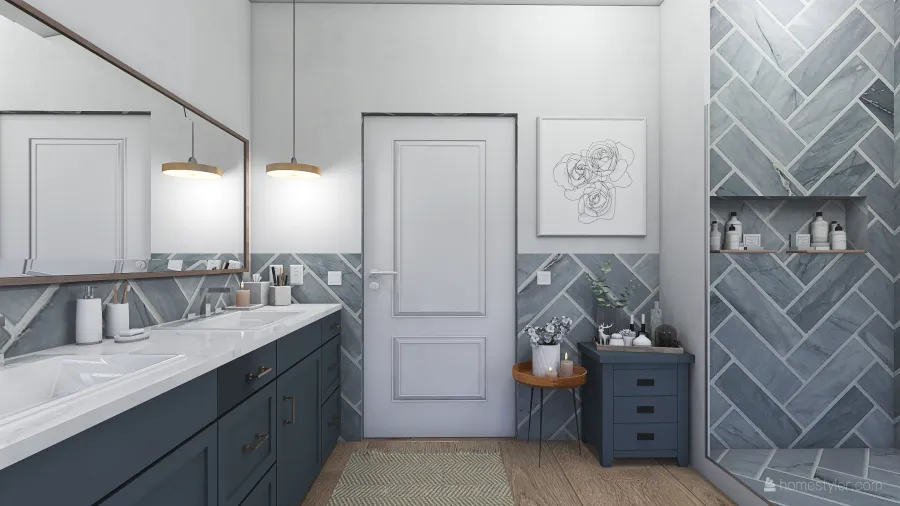 Rustic Farmhouse Scandinavian White WoodTones Grey Bathroom 3d design renderings