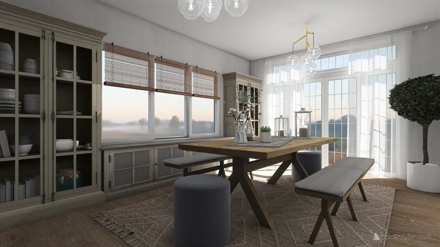 Rustic Farmhouse Scandinavian White WoodTones Grey Dining Room 3d design renderings