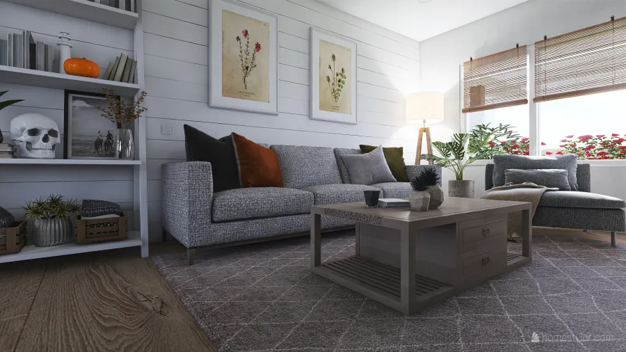 Rustic Farmhouse Scandinavian White WoodTones Grey Living Room 3d design renderings