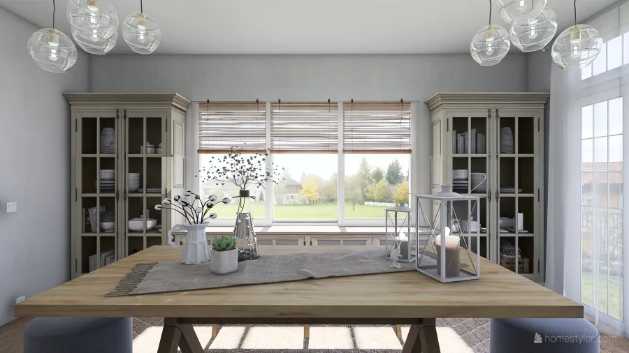 Rustic Farmhouse Scandinavian White WoodTones Grey Dining Room 3d design renderings