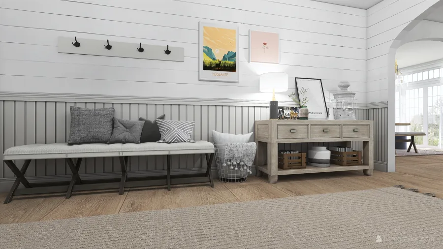 Rustic Farmhouse Scandinavian White WoodTones Grey Hallway 3d design renderings