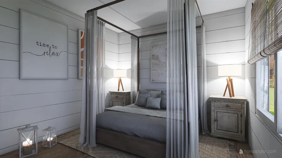 Rustic Farmhouse Scandinavian White WoodTones Grey Master Bedroom 3d design renderings